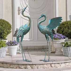 Cyan Metal Crane Garden Statues Bird Yard Art,