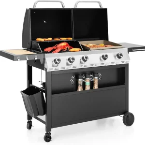 Propane Gas Griddle Grill Combo  Cast Iron Pan, Dual BBQ Grill